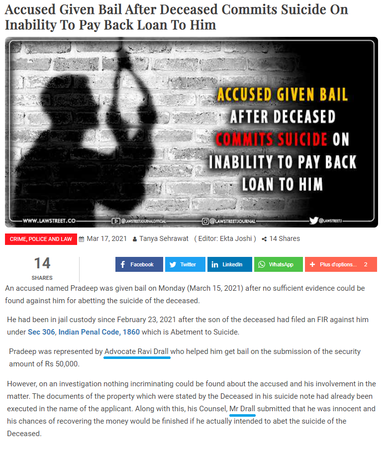 Defaulting Borrower Not Abetment To Suicide - Regular Bail granted- Advocate Ravi Drall