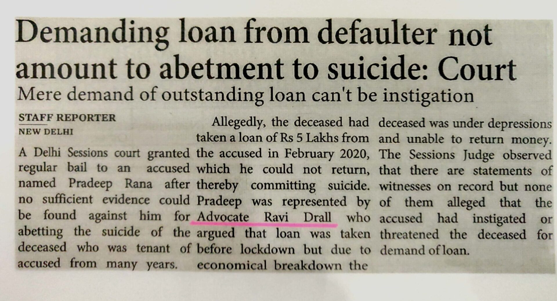 Accused Got Bail in Abetment of Suicide Case by Ravi Drall Criminal Lawyer Rohini Court